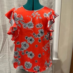 Sioni Ruffle Sleeve blouse. Coral and black  - M